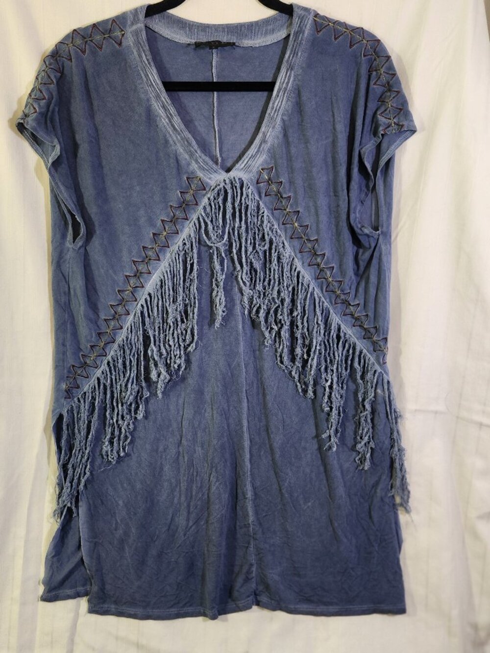 POL Clothing Blue Acid Wash Fringe Tunic Top V-Neck Embroidered Boho Small